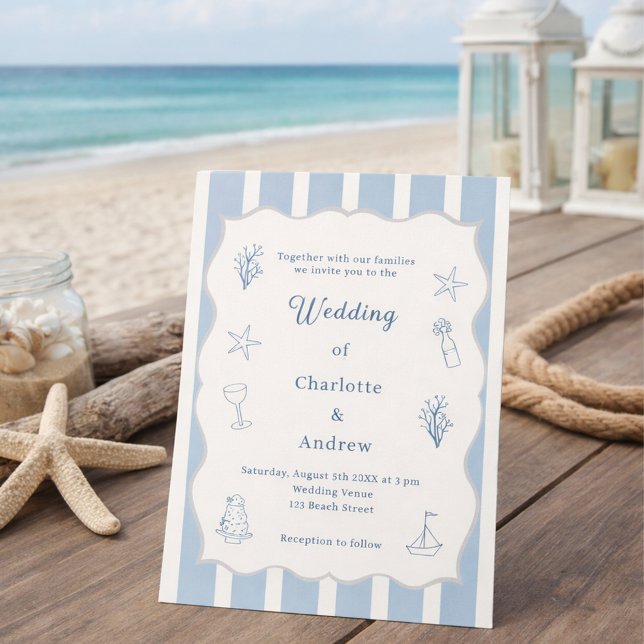 Hand drawn coastal beach dusty blue ivory wedding inbjudningar (Skapare uppladdad)