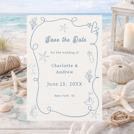 Hand drawn coastal beach dusty blue ivory wedding spara datumet