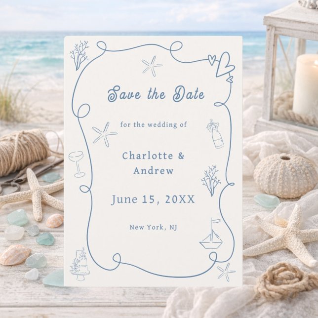 Hand drawn coastal beach dusty blue ivory wedding spara datumet (Skapare uppladdad)