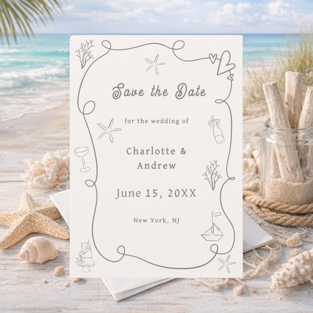 Hand drawn coastal beach ivory taupe sand wedding spara datumet (Skapare uppladdad)