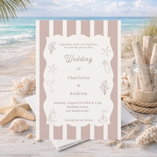 Hand drawn coastal beach ivory taupe wedding inbjudningar (Skapare uppladdad)