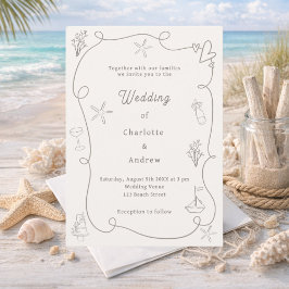 Hand drawn coastal beach taupe sand ivory wedding inbjudningar