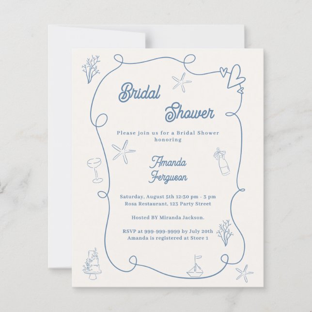 Hand drawn coastal blue Bridal Shower invitation (Framsida)