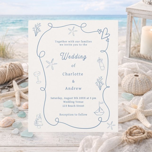 Hand drawn coastal blue ivory wedding invitation (Skapare uppladdad)