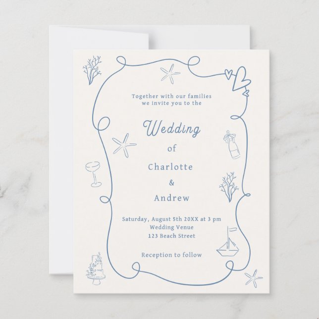 Hand drawn coastal blue ivory wedding invitation (Framsida)