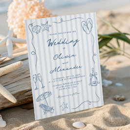 Hand Drawn Coastal Dusty Blue Beach Wedding Inbjudningar