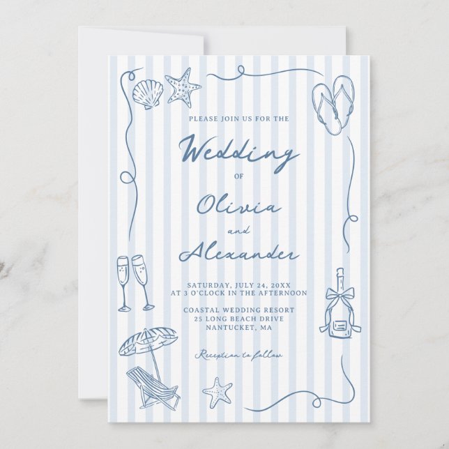 Hand Drawn Coastal Dusty Blue Beach Wedding Inbjudningar (Framsida)