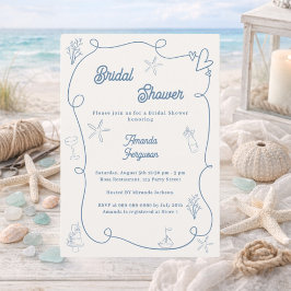 Hand drawn coastal dusty blue ivory Bridal Shower Inbjudningar
