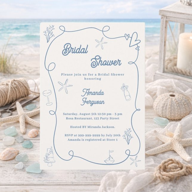 Hand drawn coastal dusty blue ivory Bridal Shower Inbjudningar (Skapare uppladdad)