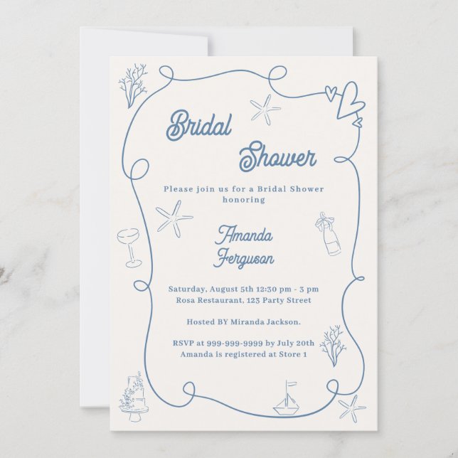 Hand drawn coastal dusty blue ivory Bridal Shower Inbjudningar (Framsida)