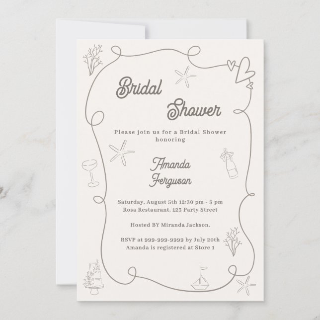 Hand drawn coastal ivory taupe sand Bridal Shower Inbjudningar (Framsida)