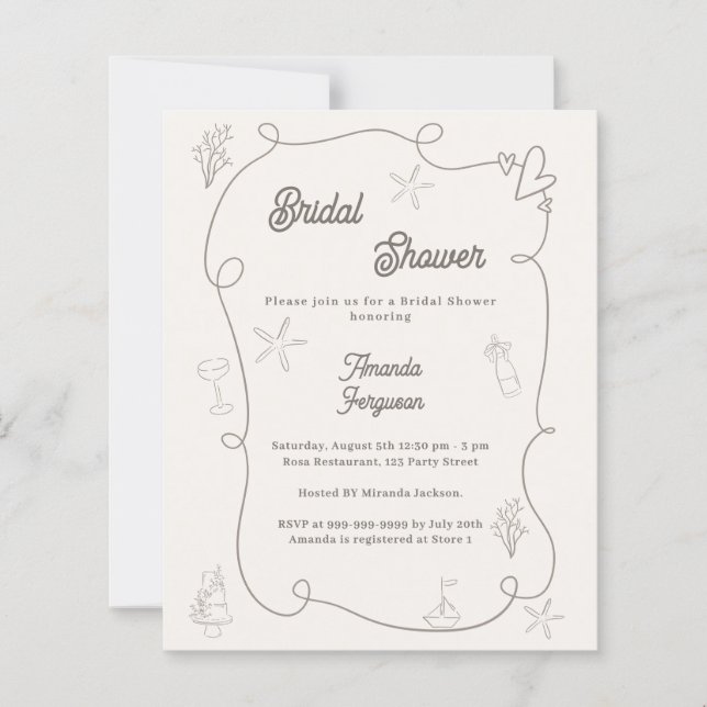 Hand drawn coastal sand Bridal Shower invitation (Framsida)