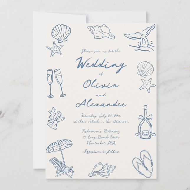 Hand Drawn Coastal Whimsical Doodle Beach Wedding Inbjudningar (Framsida)