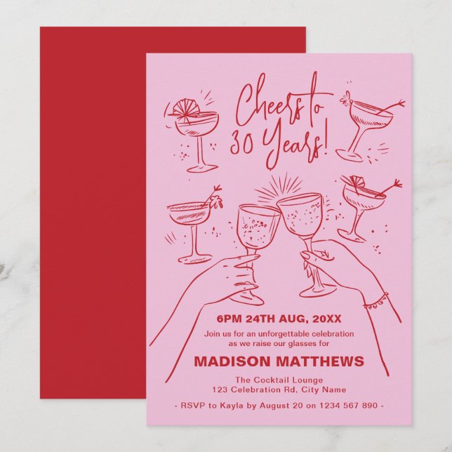 Hand Drawn Cocktail Cheers 30års födelsedag Inbjudningar (Fram/baksida)