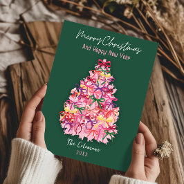 Hand Drawn coquette bows tree new year greetings Julkort