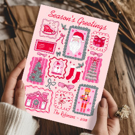 Hand Drawn coquette doodle pink christmas greeting Kort