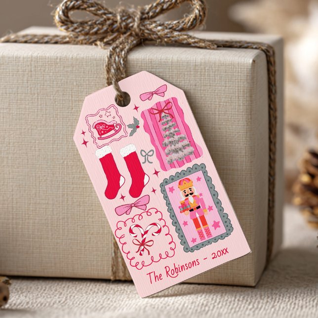 Hand Drawn coquette doodle pink christmas greeting Presentetikett (Skapare uppladdad)