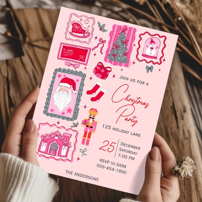 Hand Drawn coquette doodle pink christmas party Inbjudningar (Skapare uppladdad)