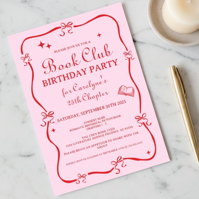 Hand Drawn Coquette Pink Red Book Club Invitation Inbjudningar (red and pink hand drawn doodle coquette bow book club birthday new chapter invitation)