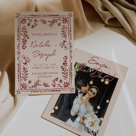 Hand Drawn Deep Red Floral Garden Photo Wedding Spara Datumet