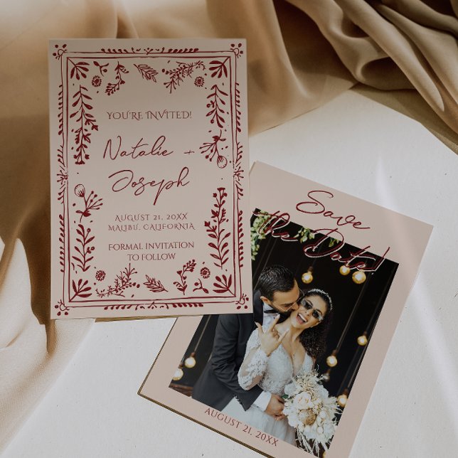 Hand Drawn Deep Red Floral Garden Photo Wedding Spara Datumet (Skapare uppladdad)