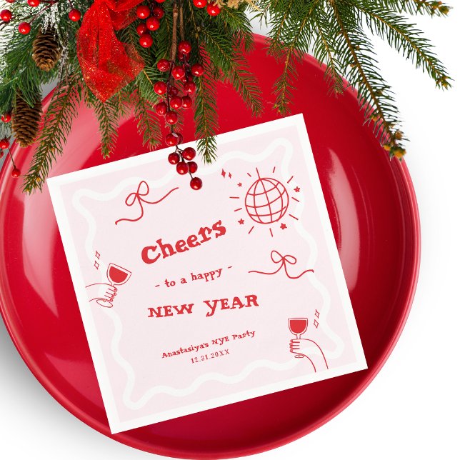 Hand Drawn Disco Pink and Red New Year's Eve Party Pappersservett (Skapare uppladdad)