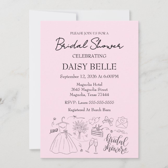 Hand Drawn Doodle Bridal Shower Pink Inbjudningar (Framsida)