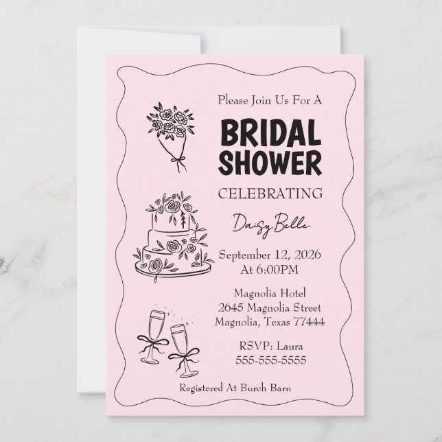 Hand Drawn Doodle Bridal Shower Pink Inbjudningar (Framsida)
