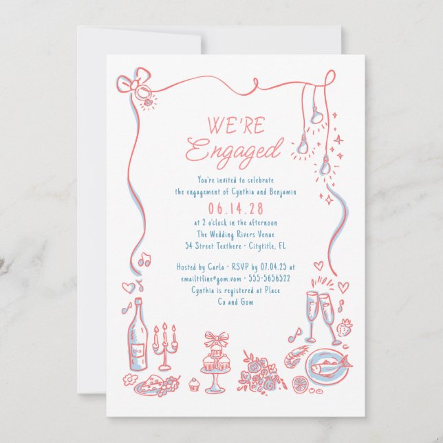 Hand Drawn Doodle Funky Whimsical Engagement Party Inbjudningar (Framsida)