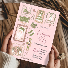 Hand Drawn doodle green peach christmas party Inbjudningar