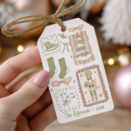 Hand Drawn doodle green peach christmas Presentetikett
