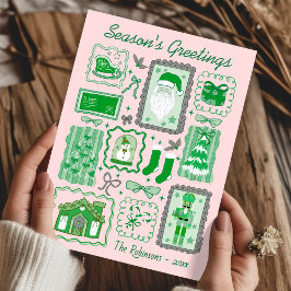 Hand Drawn doodle green pink christmas greeting Kort
