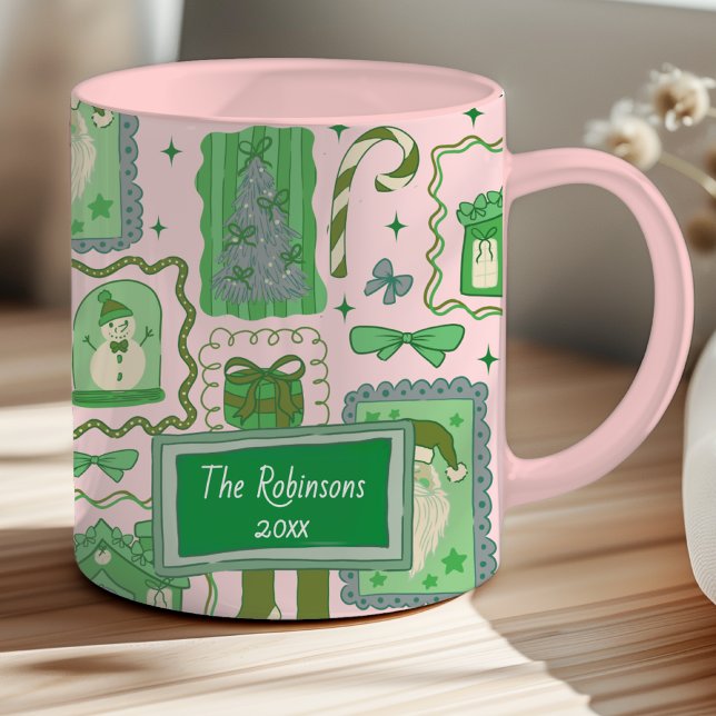 Hand Drawn doodle green pink christmas Mugg (Skapare uppladdad)