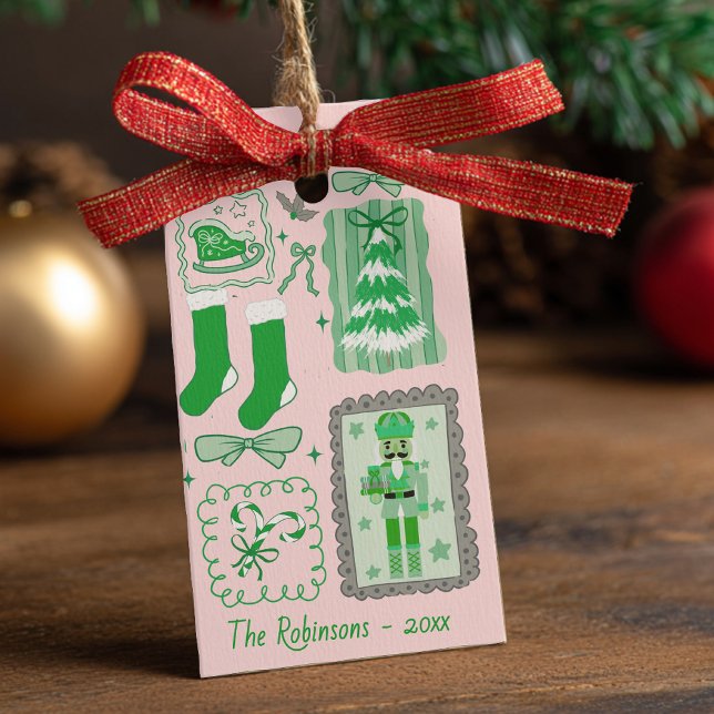 Hand Drawn doodle green pink christmas Presentetikett (Skapare uppladdad)