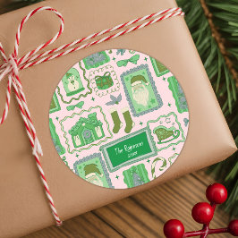 Hand Drawn doodle green pink christmas Runt Klistermärke