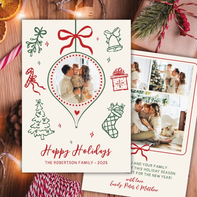 Hand-Drawn Doodle Green Red Photo Christmas Happy Julkort (Skapare uppladdad)