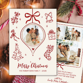 Hand-Drawn Doodle Ivory Red Photo Merry Christmas Julkort