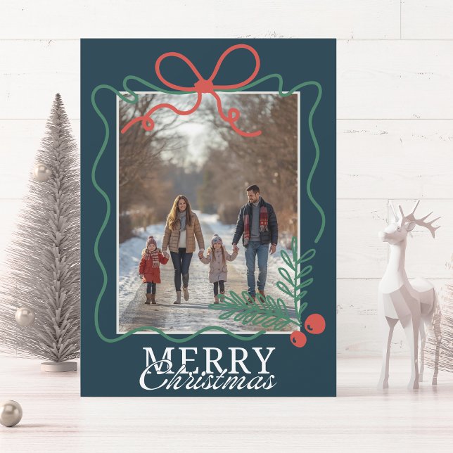 Hand-drawn doodle teal blue Merry Christmas  Julkort (Skapare uppladdad)