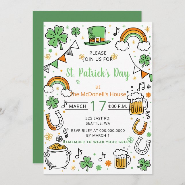 Hand Drawn Doodle Whimsical St Patricks Day  Inbjudningar (Fram/baksida)