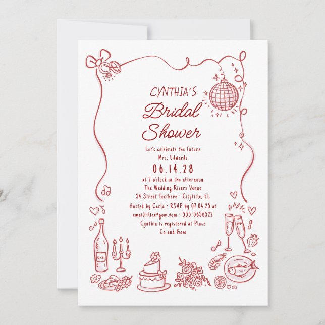 Hand Drawn Doodles Funky Whimsical Bridal Shower Inbjudningar (Framsida)