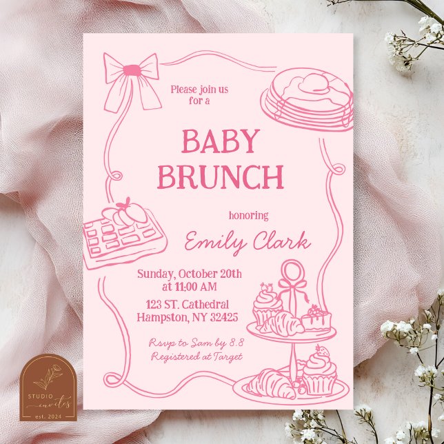 Hand Drawn Doodles Pink Baby Brunch Invitation Inbjudningar (Skapare uppladdad)