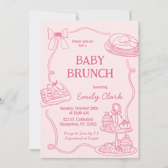 Hand Drawn Doodles Pink Baby Brunch Invitation Inbjudningar (Framsida)