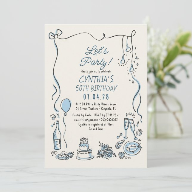 Hand Drawn Doodles Whimsical Quirky Adult Birthday Inbjudningar (Stående Fram)