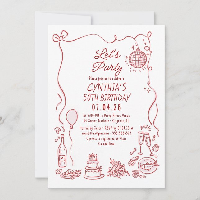 Hand Drawn Doodles Whimsical Quirky Adult Birthday Inbjudningar (Framsida)