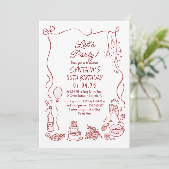 Hand Drawn Doodles Whimsical Quirky Adult Birthday Inbjudningar (Stående Fram)