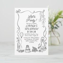 Hand Drawn Doodles Whimsical Quirky Adult Birthday Inbjudningar