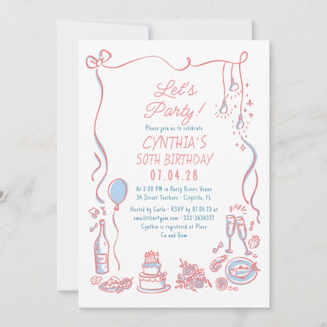 Hand Drawn Doodles Whimsical Quirky Adult Birthday Inbjudningar (Framsida)