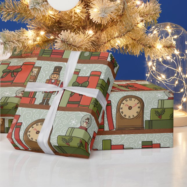Hand Drawn Festive Bookshelf  Wrapping Paper Roll Presentpapper (Helgdagar)