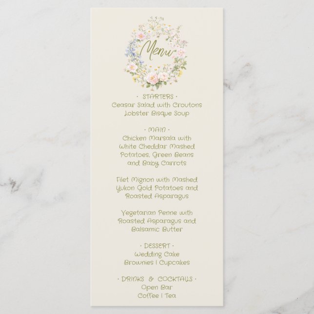 Hand Drawn Floral Summer Wedding Menu  Meny (Framsida)