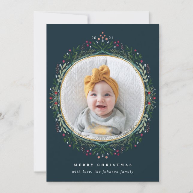 Hand-Drawn Folk Wildbloms-julfoto Julkort (Framsida)